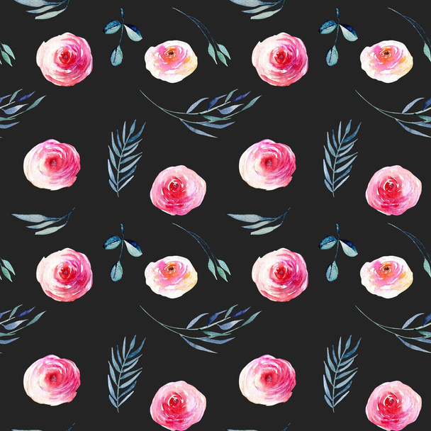 Watercolor red roses, blue leaves and branches seamless pattern, hand drawn on a dark background - Photo, Image