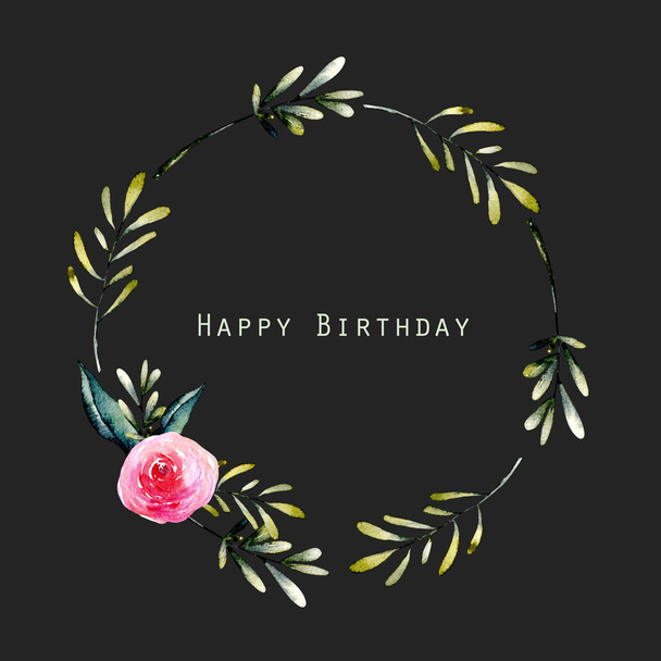Aguarela vermelho rosa e verde ramos grinalda, mão desenhada em um fundo escuro, aniversário e outros cartões de felicitações
  - Foto, Imagem