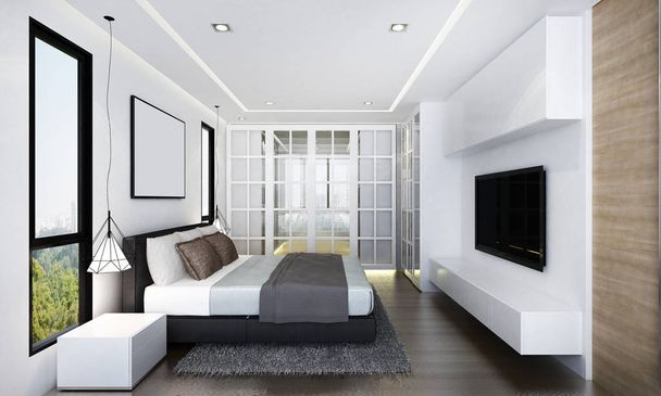 3d vykreslování interiérového designu pojetí pojmu moderní ložnice a zeď pozadí textury a lcd tv - Fotografie, Obrázek