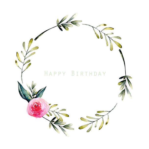 Couronne de roses rouges aquarelle et branches vertes, dessinée à la main sur un fond blanc, cartes d'anniversaire et autres cartes de vœux
  - Photo, image