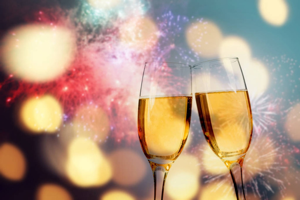 Champagne glasses on sparkling background - Photo, Image