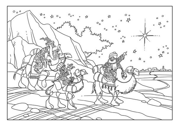 Trois sages montent des chameaux et voient une étoile
. - Photo, image