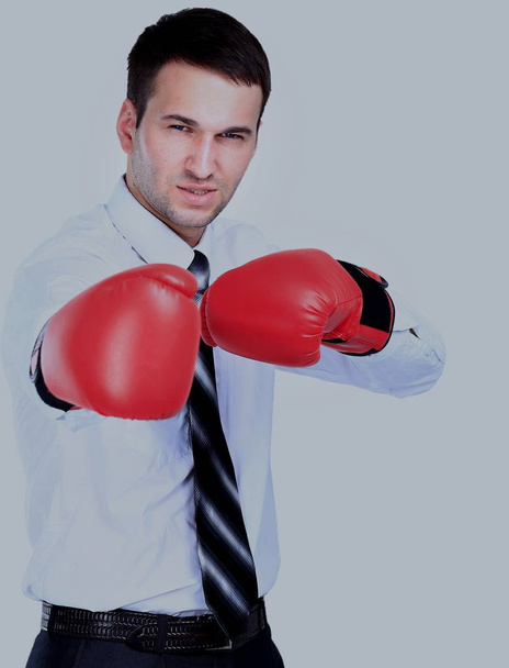 Business man ready to fight with boxing gloves - isolated over white background - Foto, Imagen