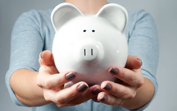 Savings concept. Woman holding piggy bank  - Fotografie, Obrázek