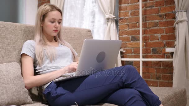 Woman in Tension and Headache Working on Laptop, Home - Кадри, відео