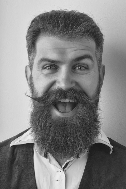 bearded man, brutal caucasian hipster with happy smiling face - 写真・画像