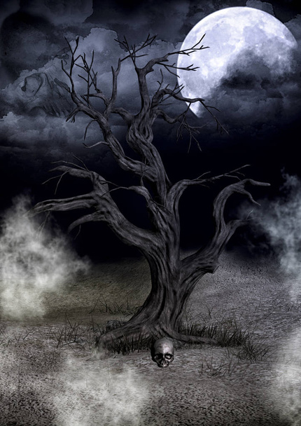 Темне моторошне дерево з повним місяцем
. - Фото, зображення