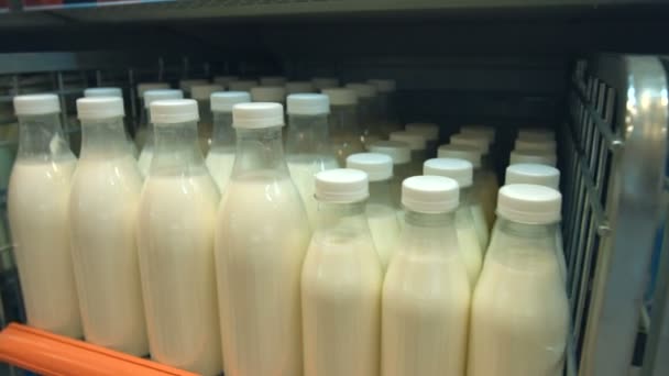 Flessen melk op de plank in de winkel. De camera beweegt langs de plank waarop flessen van melk zijn. - Video