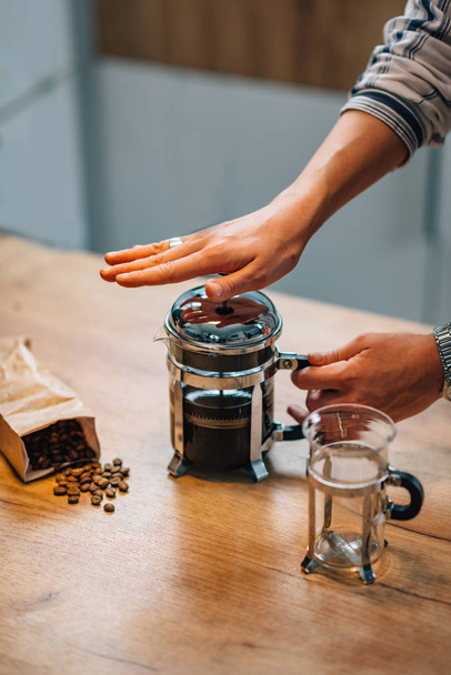 woman preparing coffee in French press  - Photo, Image