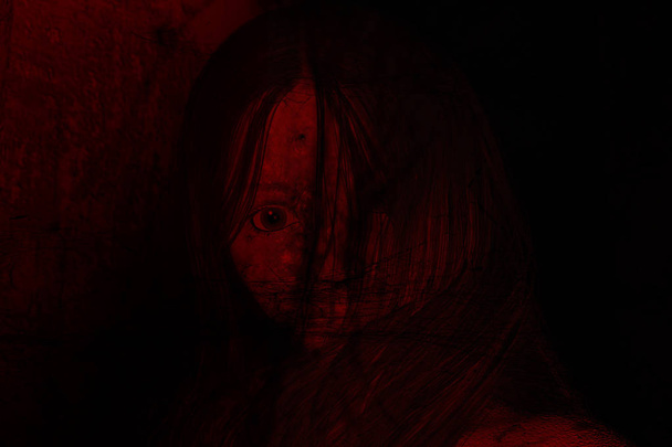 3D ilustracja kobieta straszny duch w ciemnym, backgrou Horror - Zdjęcie, obraz