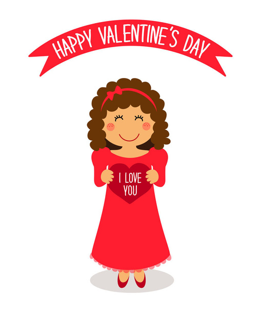 Cute Valentines Day card with funny cartoon character of loving girl with heart in hands - Wektor, obraz