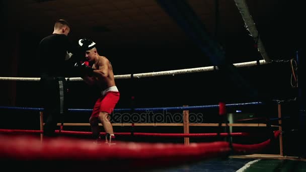 El boxeador y su entrenador en el ring practican una serie de golpes y pendientes. La cámara se mueve detrás de las cuerdas. Plan global
 - Metraje, vídeo