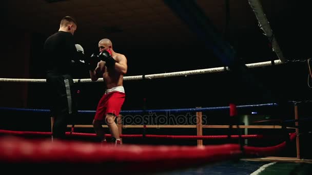 Un boxeur professionnel et son entraîneur travaillent sur les pattes de boxe du ring en pratiquant une série de coups de poing. la caméra décolle à cause des cordes
 - Séquence, vidéo
