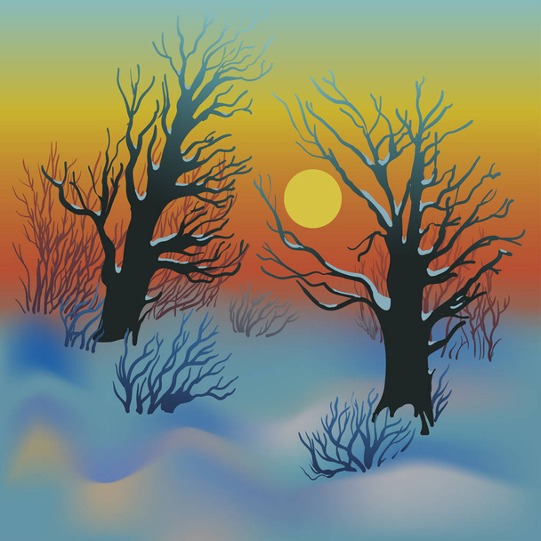 Paisaje del bosque de invierno con puesta de sol y árboles desnudos
 - Vector, imagen