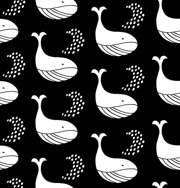 Seamless pattern with decorative whales. Vector childish background, cute ocean - Vektör, Görsel