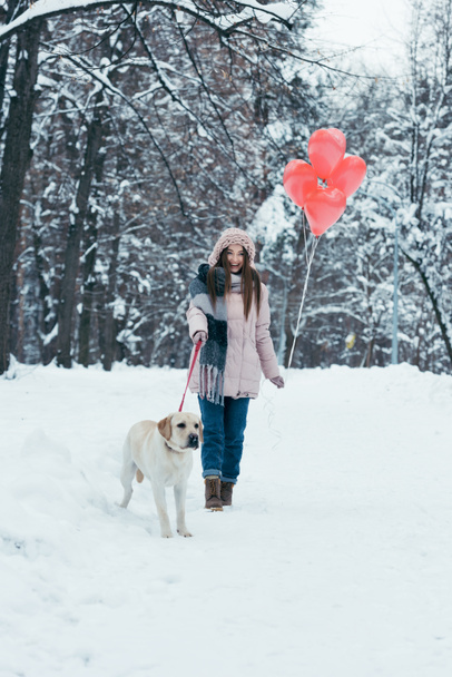 happy young woman with dog on leash and heart shaped balloons in hands in snowy park - Fotografie, Obrázek