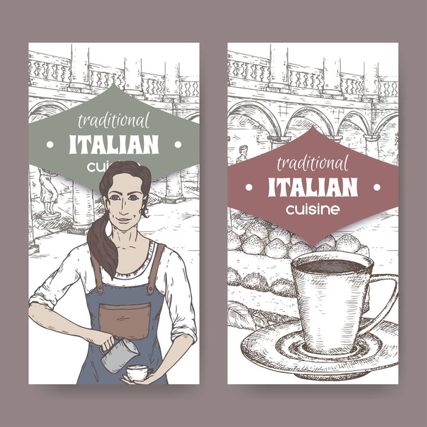 Two labels with barista, Ilalian patio, coffee cup and tiramisu on white. - Vetor, Imagem