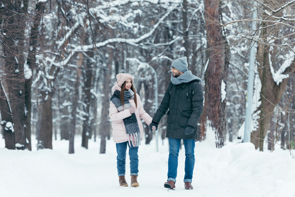 young smiling couple holding hands and walking in winter park - 写真・画像