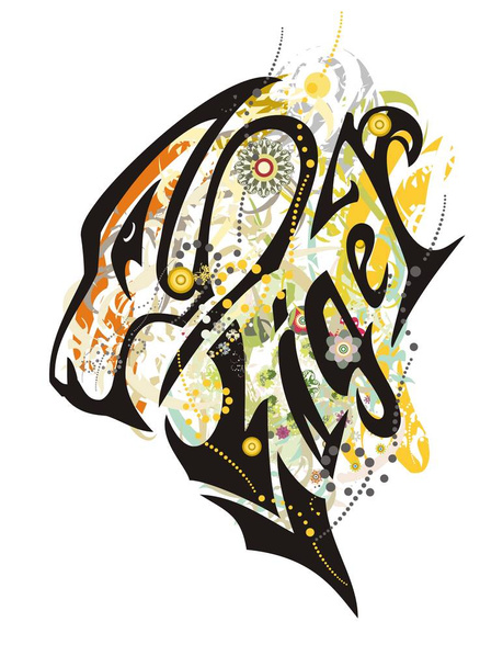 Tigre tribal cabeça texto colorido padrão. Estilização da cabeça de tigre rosnando na forma de texto escrito em estilo grunge
 - Vetor, Imagem