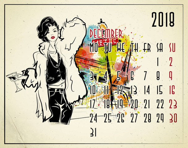 European calendar with fashion girl in sketch style. - Photo, Image