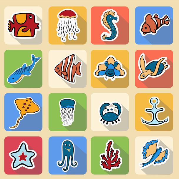 Set of colored icons, inhabitants of the underwater world - Vector, Image