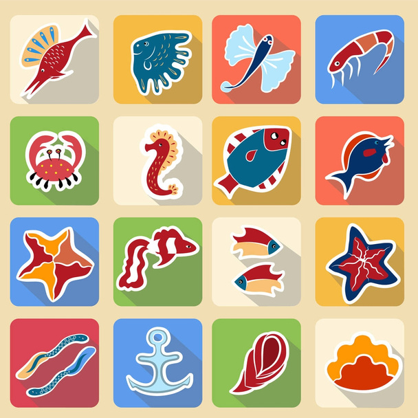 Set of colored icons, inhabitants of the underwater world2 - Vector, afbeelding
