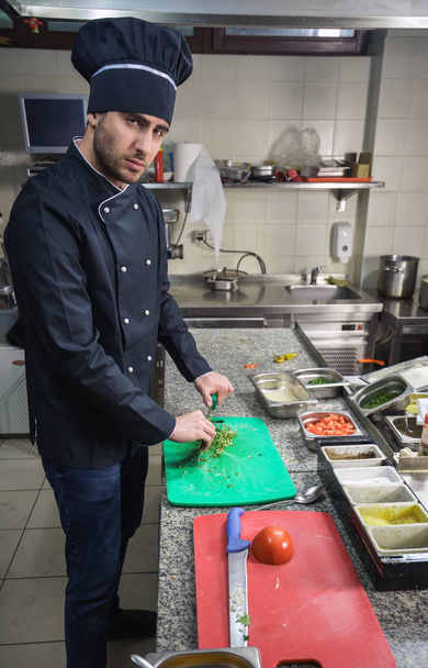Chef in Restaurant garnishing vegetable dish, crop on hands, filtered image - Фото, изображение