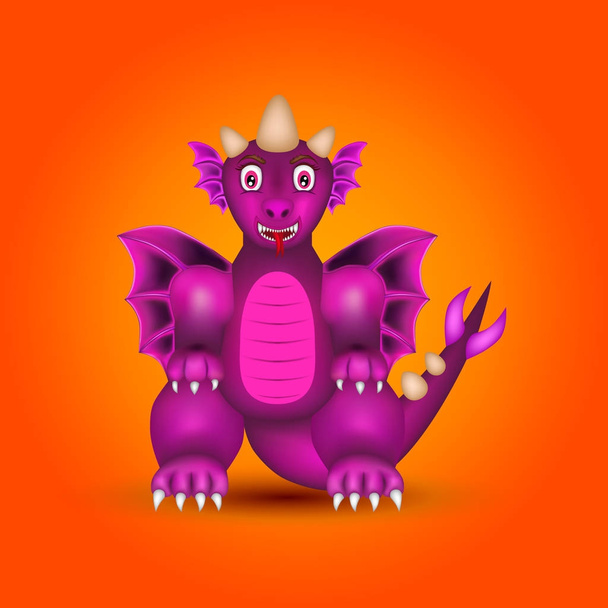 Dragón púrpura como personaje de dibujos animados o juguete sobre un fondo naranja. Ilustración vectorial
. - Vector, Imagen
