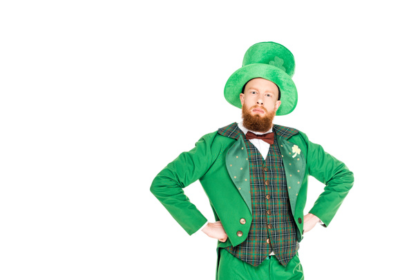handsome leprechaun in green suit and hat, isolated on white - Zdjęcie, obraz