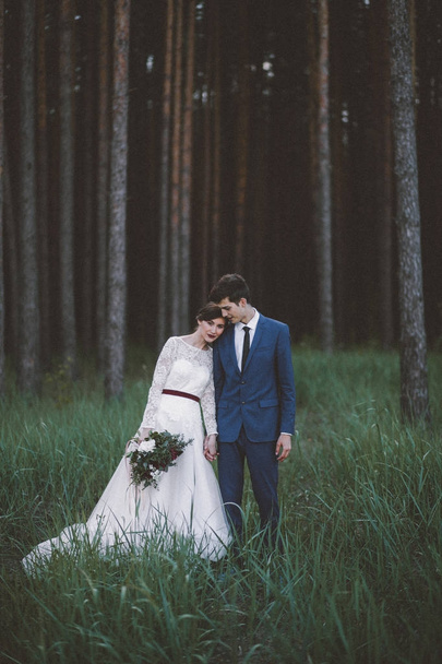 Married couple posing on forest meadow - 写真・画像