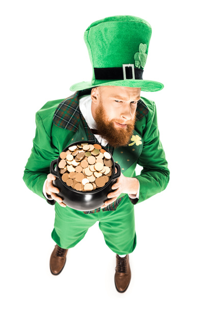 leprechaun in green suit holding pot of gold, isolated on white  - Photo, Image