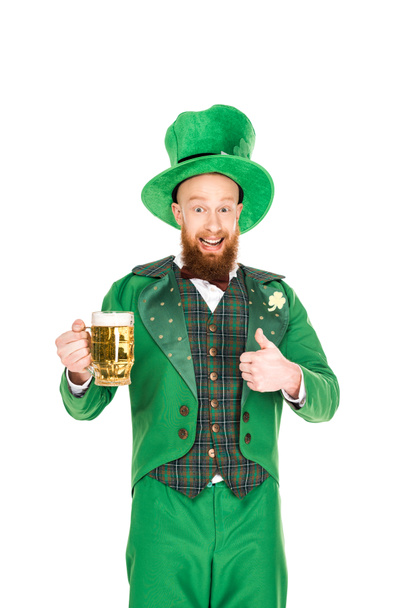 leprechaun celebrating st patricks day with beer and thumb up, isolated on white - Фото, изображение