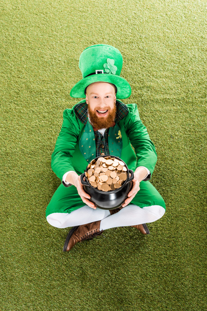 excited man in leprechaun costume with pot of gold sitting on green grass - 写真・画像