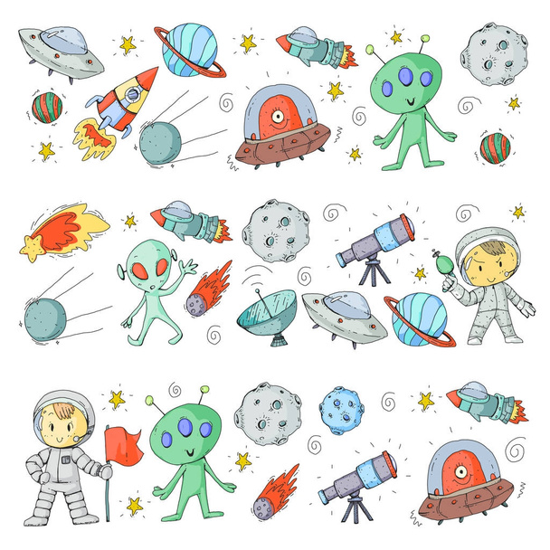 Superficie lunar. Niños del jardín de infantes juegan a la exploración del espacio. Alien, OVNI, nave espacial. cohete. Niños, niños y niñas con luna, marte, saturno, jupiter
 - Vector, imagen