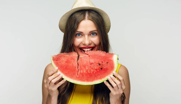 beautiful woman holding big slice of watermelon. - Fotografie, Obrázek