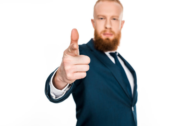 close-up view of bearded businessman pointing at camera isolated on white  - Foto, Imagem