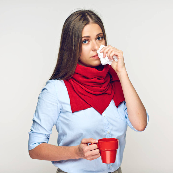 Sick flu woman holding red coffee cup.  - Foto, afbeelding