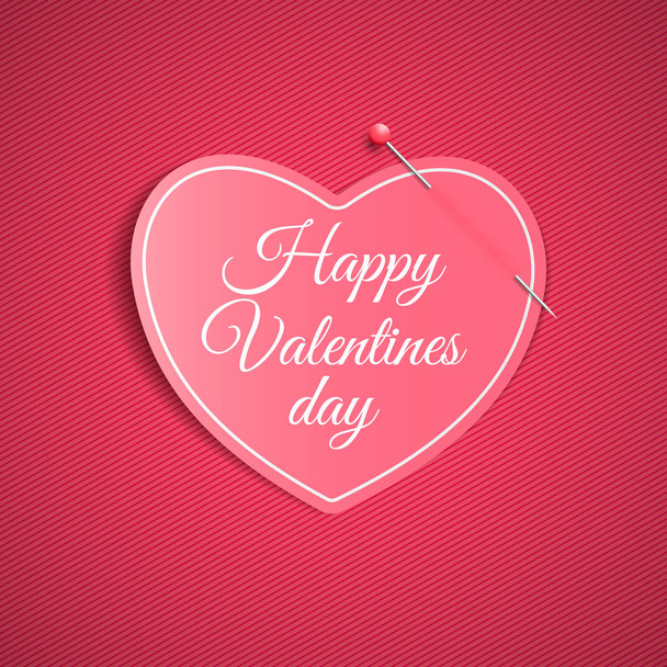 Romantic note from a paper heart with a pin. Festive graphic element. Happy Valentine's Day. Pink background with a pattern of lines. Note for a loved one. Vector. - Wektor, obraz
