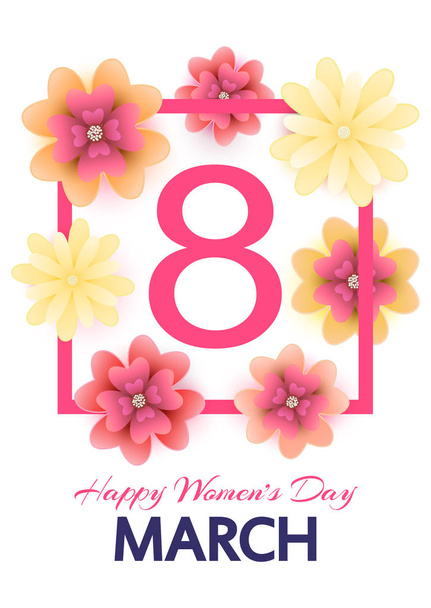 8 March. Mothers, Womens day greeting card with blooming red, y - ベクター画像