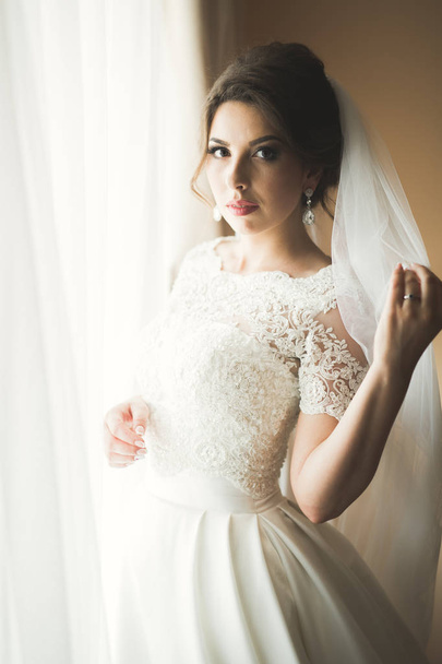 Portrait of beautiful bride with fashion veil at wedding morning - Foto, Imagen