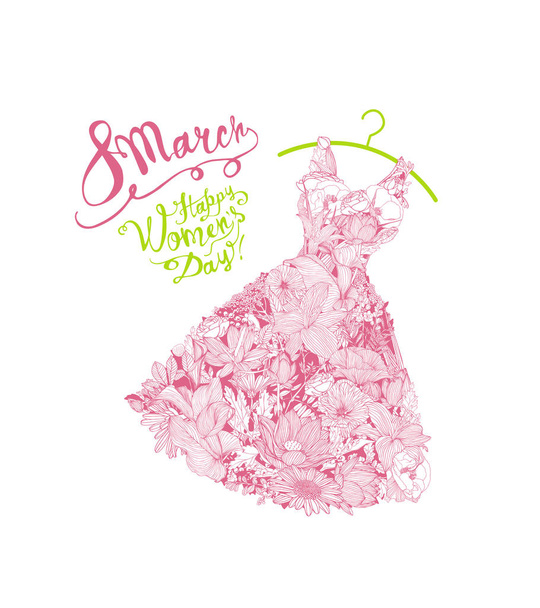 Happy woman's day! 8 March holiday. Floral dress - Vector, Image