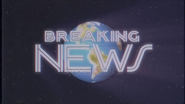 glimmende retro Breaking News tekst met earth globe licht stralen bewegende oude vhs tape retro intro effect tv scherm animatie achtergrond naadloze loops nieuwe universele vintage kleurrijke motivatie videokwaliteit - Video