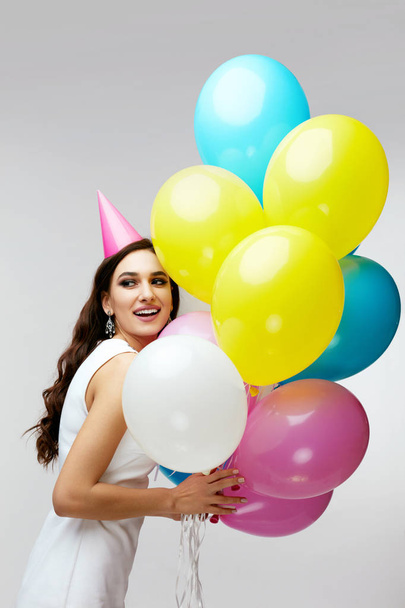 Birthday Girl. Beautiful Woman With Colorful Balloons. - Photo, image