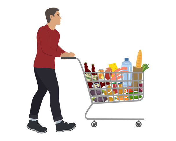 Young man with shopping cart full of food and drinks.There is a bread, bottles of water, a beer, a cheese, sausage, vegetables and other products in the basket. Vector illustration. - Vector, Image