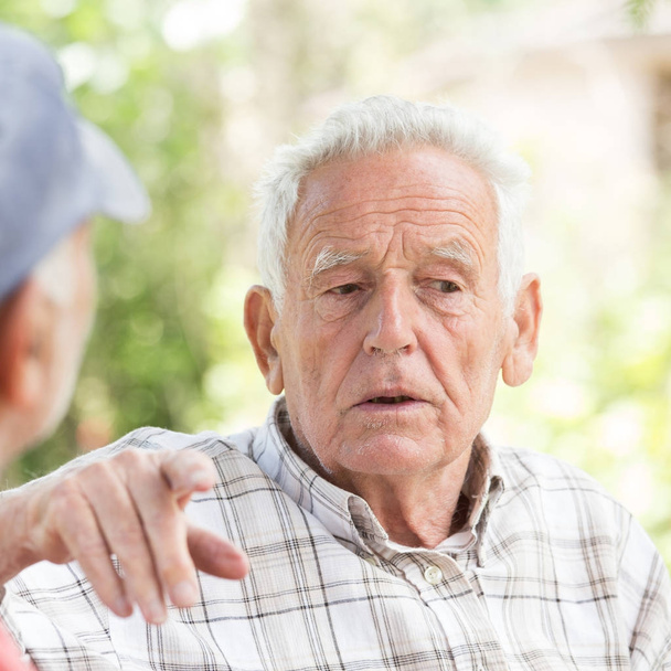 Two senior men talking in park - Photo, Image