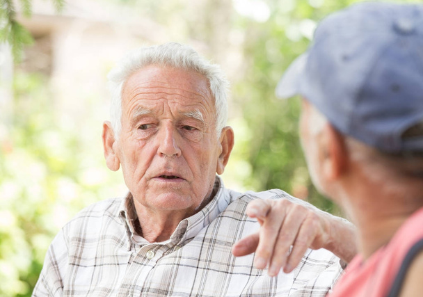 Двоє чоловіків старшого віку розмовляють у парку
 - Фото, зображення