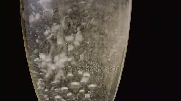 Glass of champagne with a rotating bubbles inside. Black background. Close up - Materiał filmowy, wideo