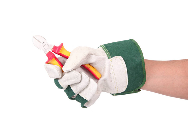 hand held pliers with gloves on white background - Photo, Image