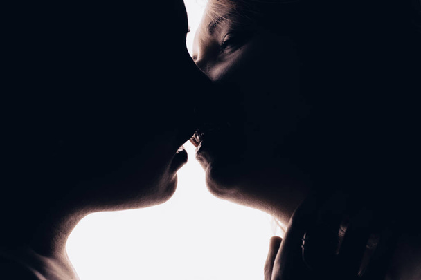 Σιλουέτα του δύο όμορφη γυναίκα φιλιούνται στην παθιασμένη shot. Δίδυμο τόνωση πυροβολισμό. Έννοιας αγάπης δεν θίγει - Φωτογραφία, εικόνα