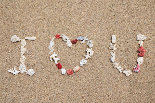 Σ ' αγαπώ φτιαγμένα από κέλυφος σε αμμώδη παραλία. - Φωτογραφία, εικόνα
